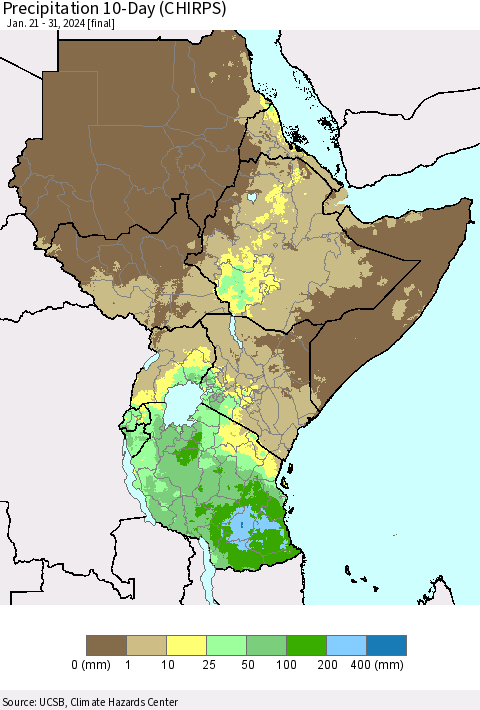 Eastern Africa Precipitation 10-Day (CHIRPS) Thematic Map For 1/21/2024 - 1/31/2024