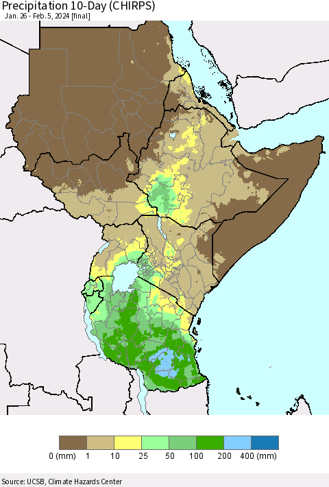 Eastern Africa Precipitation 10-Day (CHIRPS) Thematic Map For 1/26/2024 - 2/5/2024