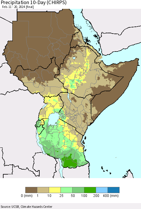 Eastern Africa Precipitation 10-Day (CHIRPS) Thematic Map For 2/11/2024 - 2/20/2024