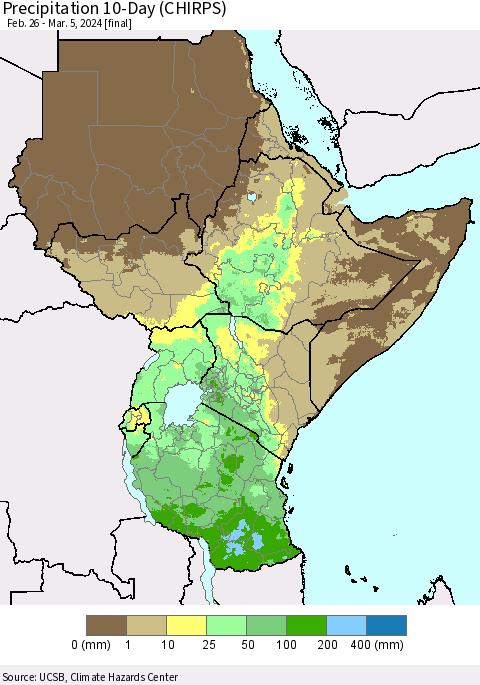 Eastern Africa Precipitation 10-Day (CHIRPS) Thematic Map For 2/26/2024 - 3/5/2024