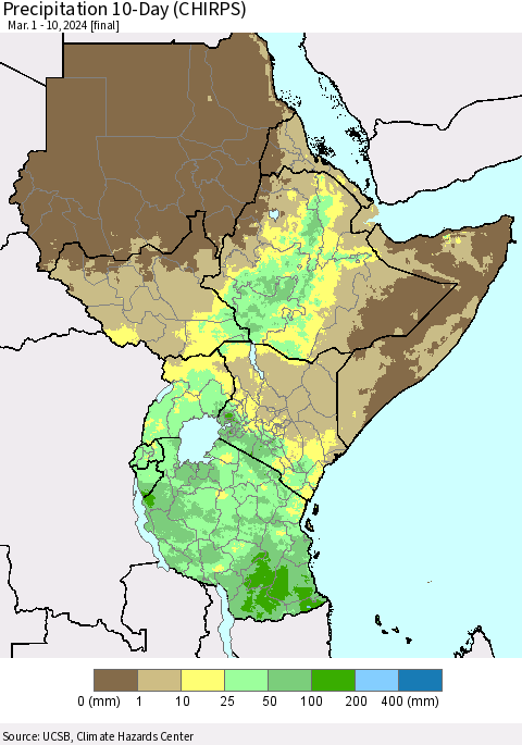 Eastern Africa Precipitation 10-Day (CHIRPS) Thematic Map For 3/1/2024 - 3/10/2024