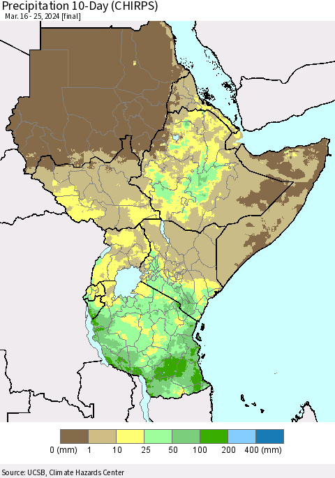 Eastern Africa Precipitation 10-Day (CHIRPS) Thematic Map For 3/16/2024 - 3/25/2024