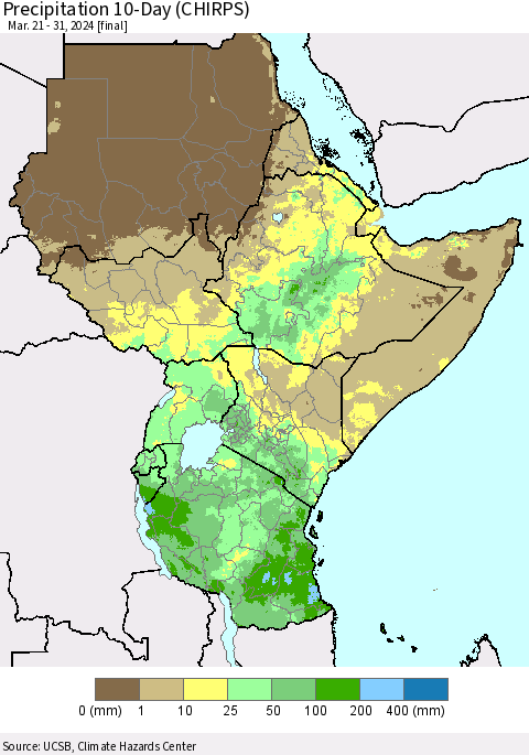 Eastern Africa Precipitation 10-Day (CHIRPS) Thematic Map For 3/21/2024 - 3/31/2024