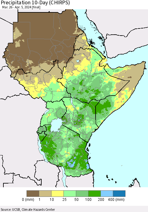 Eastern Africa Precipitation 10-Day (CHIRPS) Thematic Map For 3/26/2024 - 4/5/2024