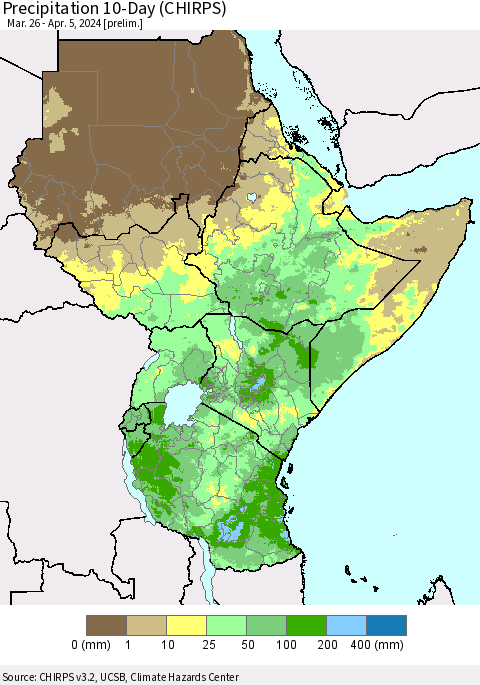 Eastern Africa Precipitation 10-Day (CHIRPS) Thematic Map For 3/26/2024 - 4/5/2024