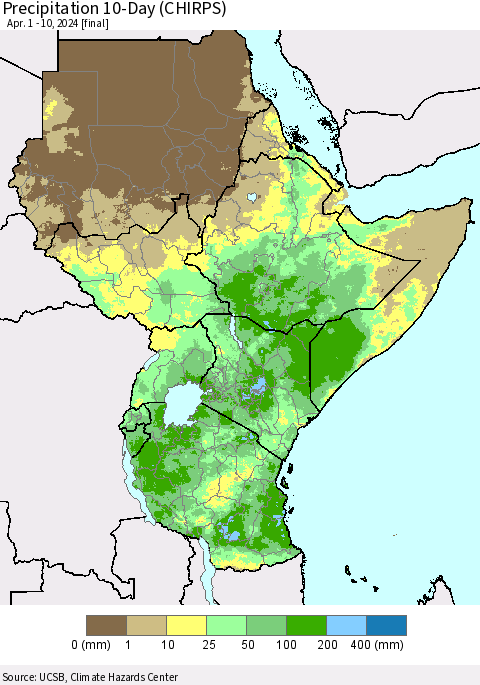 Eastern Africa Precipitation 10-Day (CHIRPS) Thematic Map For 4/1/2024 - 4/10/2024