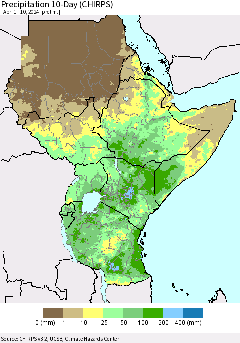 Eastern Africa Precipitation 10-Day (CHIRPS) Thematic Map For 4/1/2024 - 4/10/2024