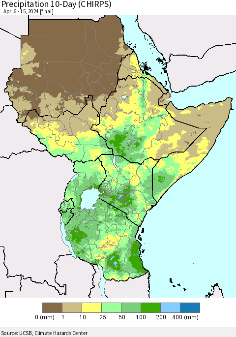 Eastern Africa Precipitation 10-Day (CHIRPS) Thematic Map For 4/6/2024 - 4/15/2024