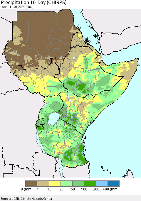 Eastern Africa Precipitation 10-Day (CHIRPS) Thematic Map For 4/11/2024 - 4/20/2024