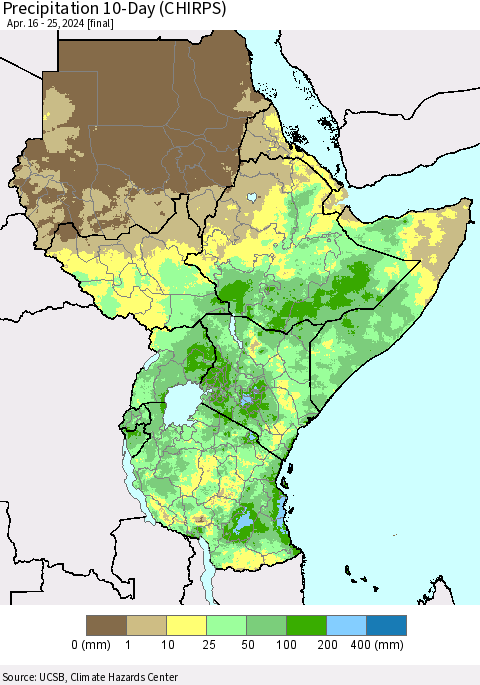Eastern Africa Precipitation 10-Day (CHIRPS) Thematic Map For 4/16/2024 - 4/25/2024