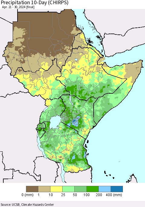 Eastern Africa Precipitation 10-Day (CHIRPS) Thematic Map For 4/21/2024 - 4/30/2024