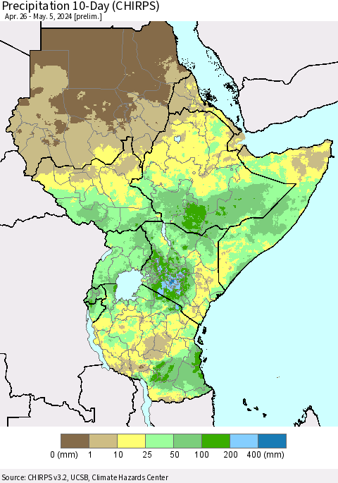 Eastern Africa Precipitation 10-Day (CHIRPS) Thematic Map For 4/26/2024 - 5/5/2024