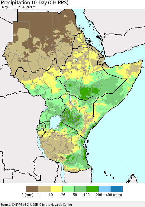 Eastern Africa Precipitation 10-Day (CHIRPS) Thematic Map For 5/1/2024 - 5/10/2024