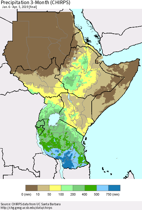 Eastern Africa Precipitation 3-Month (CHIRPS) Thematic Map For 1/6/2019 - 4/5/2019