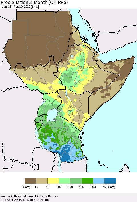 Eastern Africa Precipitation 3-Month (CHIRPS) Thematic Map For 1/11/2019 - 4/10/2019