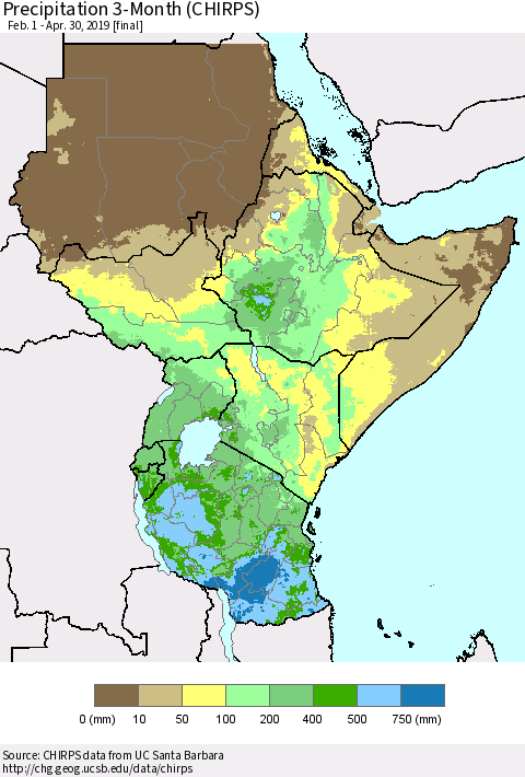 Eastern Africa Precipitation 3-Month (CHIRPS) Thematic Map For 2/1/2019 - 4/30/2019
