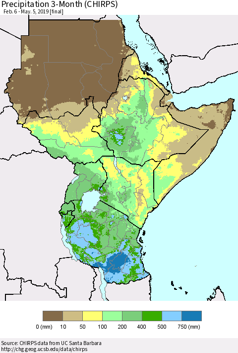 Eastern Africa Precipitation 3-Month (CHIRPS) Thematic Map For 2/6/2019 - 5/5/2019
