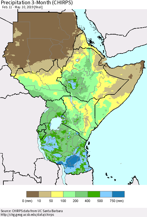 Eastern Africa Precipitation 3-Month (CHIRPS) Thematic Map For 2/11/2019 - 5/10/2019