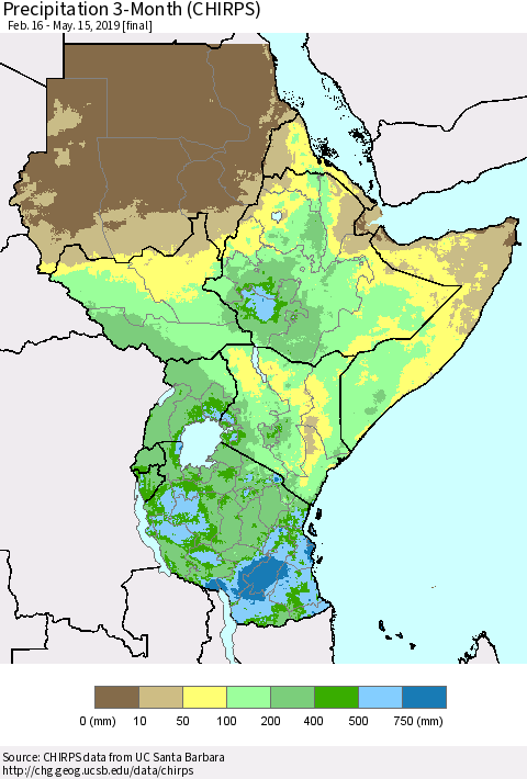 Eastern Africa Precipitation 3-Month (CHIRPS) Thematic Map For 2/16/2019 - 5/15/2019