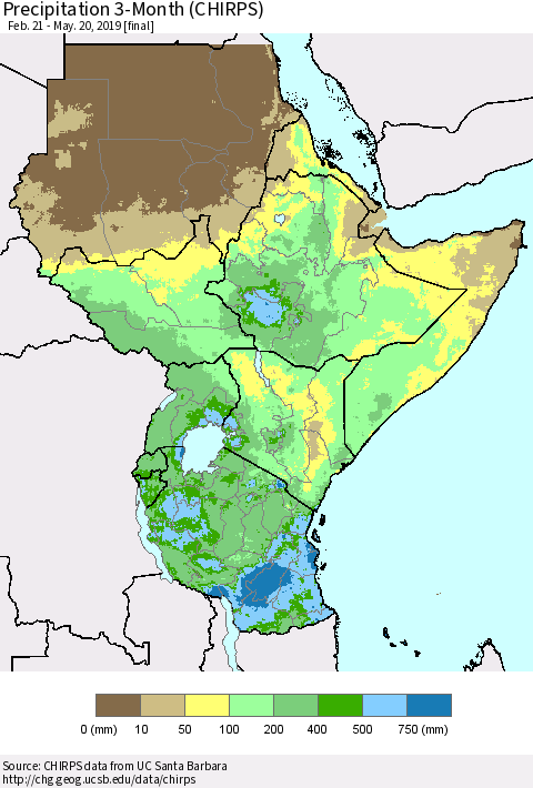 Eastern Africa Precipitation 3-Month (CHIRPS) Thematic Map For 2/21/2019 - 5/20/2019