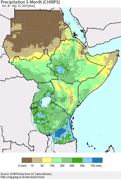 Eastern Africa Precipitation 3-Month (CHIRPS) Thematic Map For 2/26/2019 - 5/25/2019