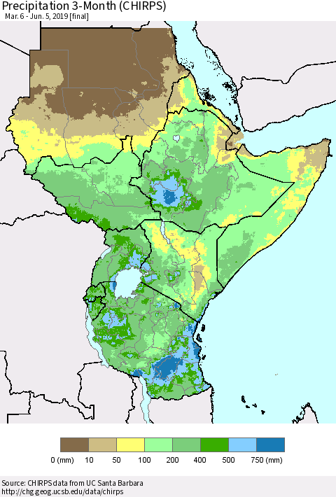 Eastern Africa Precipitation 3-Month (CHIRPS) Thematic Map For 3/6/2019 - 6/5/2019
