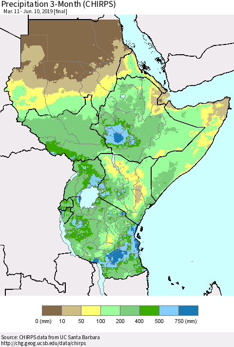 Eastern Africa Precipitation 3-Month (CHIRPS) Thematic Map For 3/11/2019 - 6/10/2019