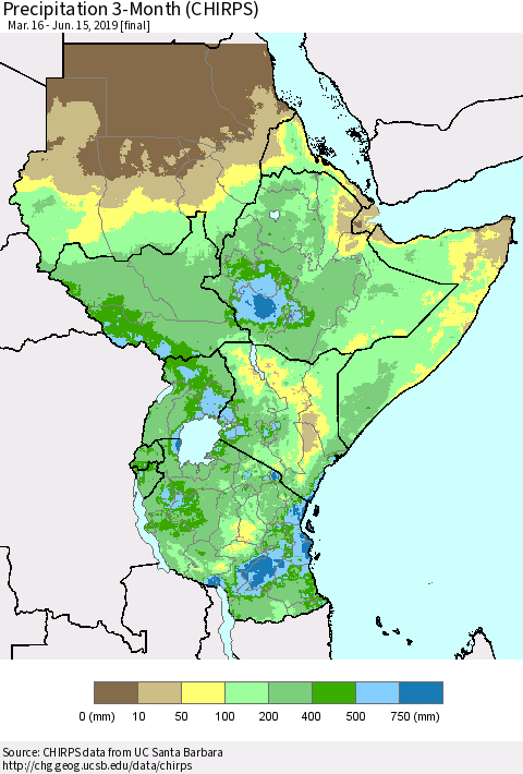 Eastern Africa Precipitation 3-Month (CHIRPS) Thematic Map For 3/16/2019 - 6/15/2019