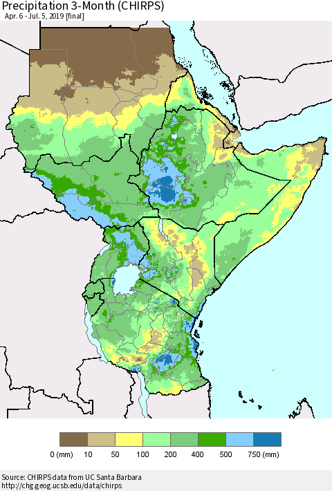 Eastern Africa Precipitation 3-Month (CHIRPS) Thematic Map For 4/6/2019 - 7/5/2019