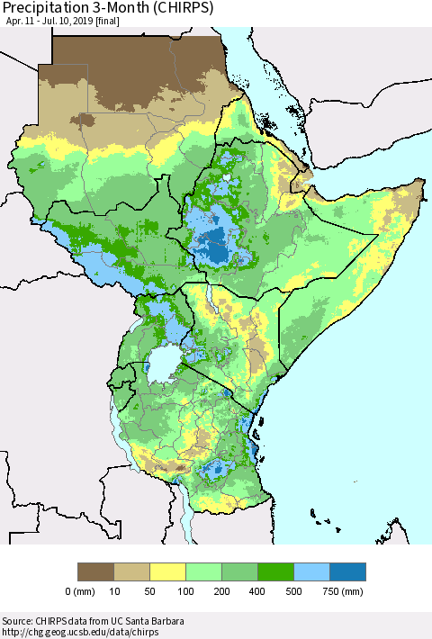 Eastern Africa Precipitation 3-Month (CHIRPS) Thematic Map For 4/11/2019 - 7/10/2019