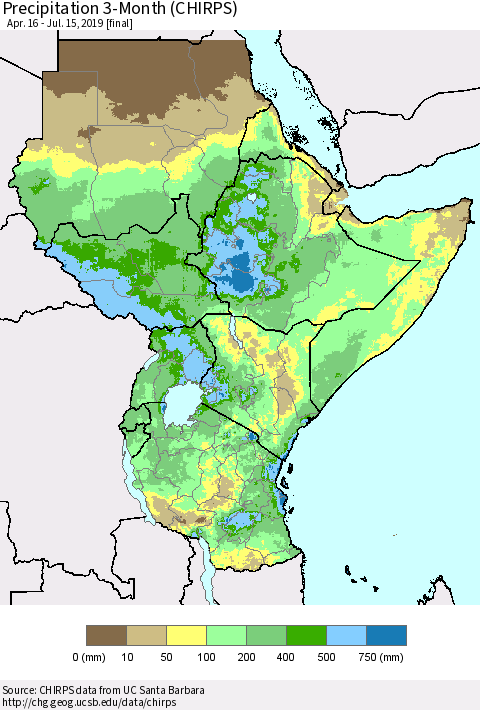 Eastern Africa Precipitation 3-Month (CHIRPS) Thematic Map For 4/16/2019 - 7/15/2019