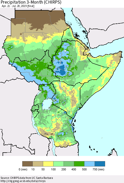 Eastern Africa Precipitation 3-Month (CHIRPS) Thematic Map For 4/21/2019 - 7/20/2019