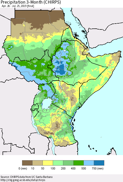 Eastern Africa Precipitation 3-Month (CHIRPS) Thematic Map For 4/26/2019 - 7/25/2019