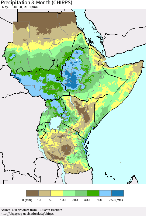 Eastern Africa Precipitation 3-Month (CHIRPS) Thematic Map For 5/1/2019 - 7/31/2019