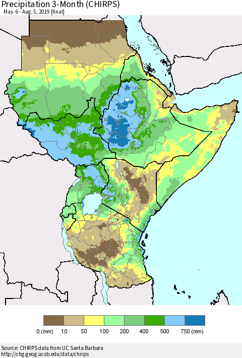 Eastern Africa Precipitation 3-Month (CHIRPS) Thematic Map For 5/6/2019 - 8/5/2019