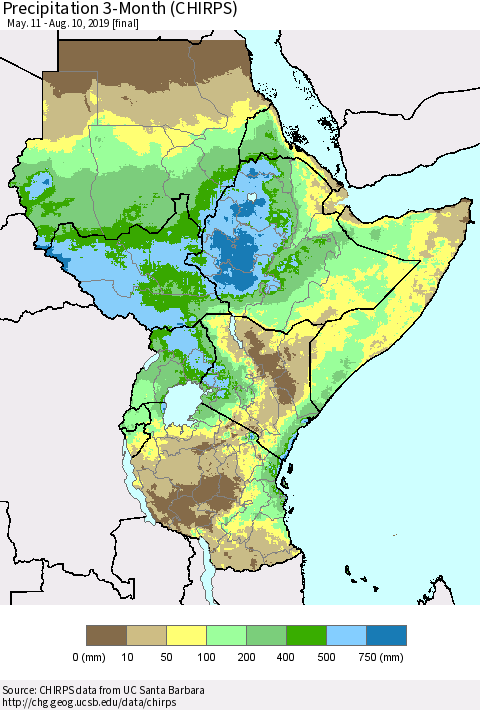 Eastern Africa Precipitation 3-Month (CHIRPS) Thematic Map For 5/11/2019 - 8/10/2019