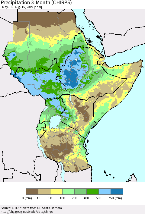 Eastern Africa Precipitation 3-Month (CHIRPS) Thematic Map For 5/16/2019 - 8/15/2019