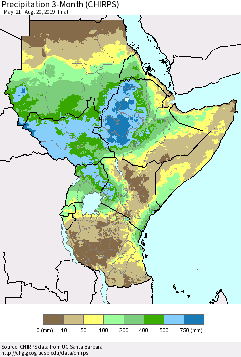 Eastern Africa Precipitation 3-Month (CHIRPS) Thematic Map For 5/21/2019 - 8/20/2019