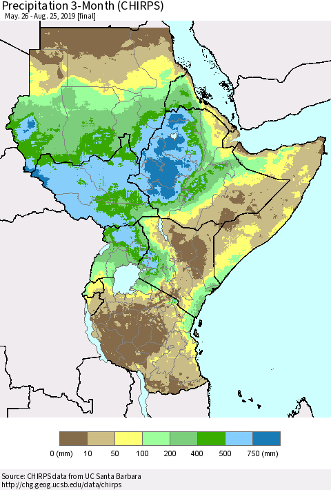 Eastern Africa Precipitation 3-Month (CHIRPS) Thematic Map For 5/26/2019 - 8/25/2019