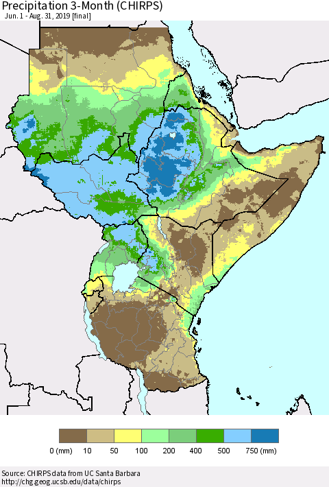 Eastern Africa Precipitation 3-Month (CHIRPS) Thematic Map For 6/1/2019 - 8/31/2019