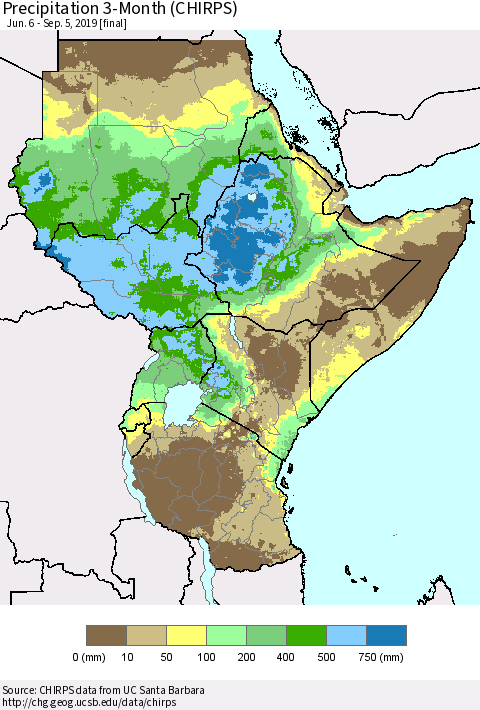 Eastern Africa Precipitation 3-Month (CHIRPS) Thematic Map For 6/6/2019 - 9/5/2019