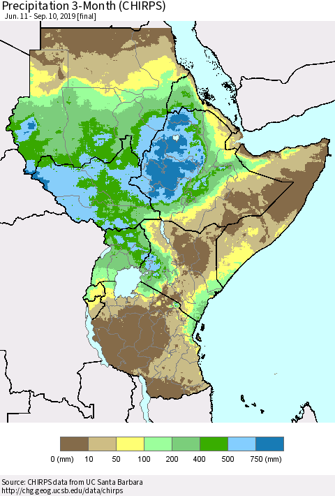 Eastern Africa Precipitation 3-Month (CHIRPS) Thematic Map For 6/11/2019 - 9/10/2019