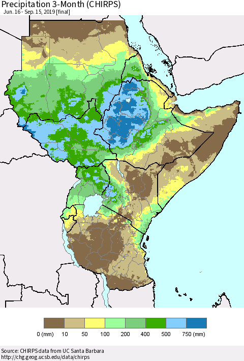 Eastern Africa Precipitation 3-Month (CHIRPS) Thematic Map For 6/16/2019 - 9/15/2019