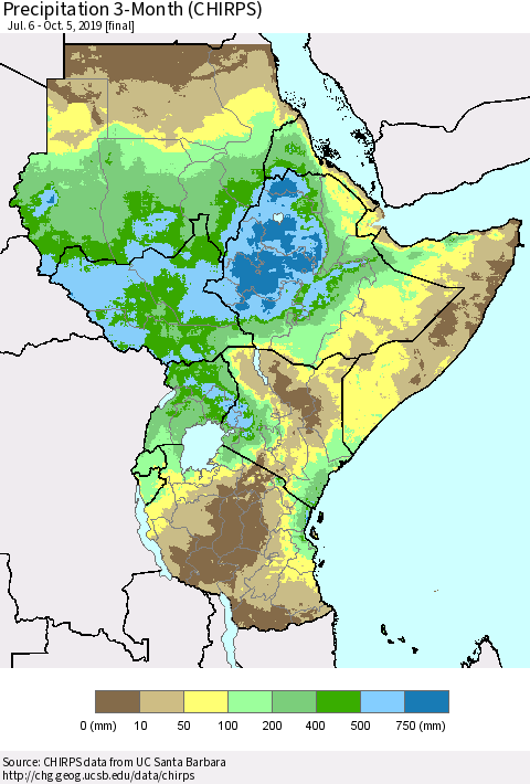 Eastern Africa Precipitation 3-Month (CHIRPS) Thematic Map For 7/6/2019 - 10/5/2019