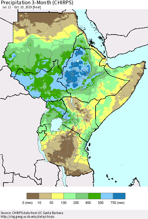 Eastern Africa Precipitation 3-Month (CHIRPS) Thematic Map For 7/11/2019 - 10/10/2019