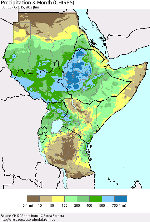 Eastern Africa Precipitation 3-Month (CHIRPS) Thematic Map For 7/16/2019 - 10/15/2019
