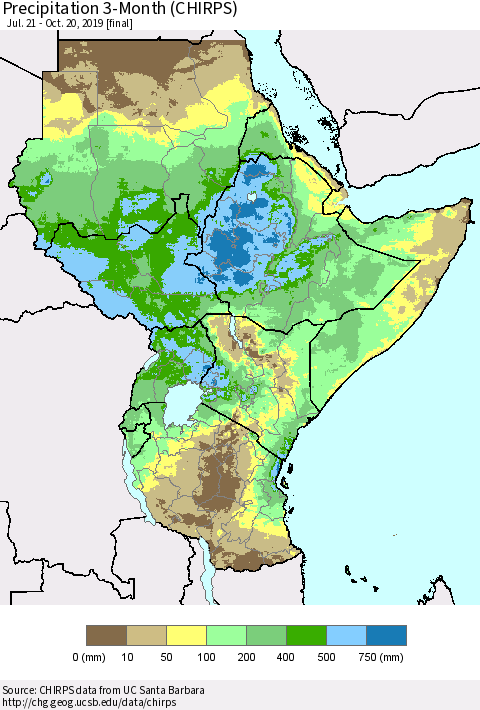 Eastern Africa Precipitation 3-Month (CHIRPS) Thematic Map For 7/21/2019 - 10/20/2019
