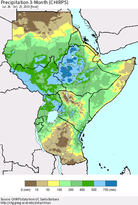 Eastern Africa Precipitation 3-Month (CHIRPS) Thematic Map For 7/26/2019 - 10/25/2019