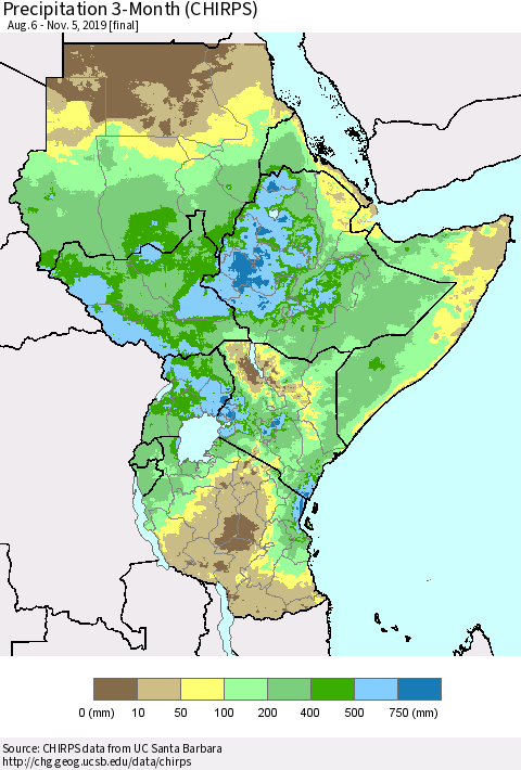 Eastern Africa Precipitation 3-Month (CHIRPS) Thematic Map For 8/6/2019 - 11/5/2019