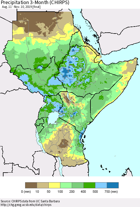 Eastern Africa Precipitation 3-Month (CHIRPS) Thematic Map For 8/11/2019 - 11/10/2019